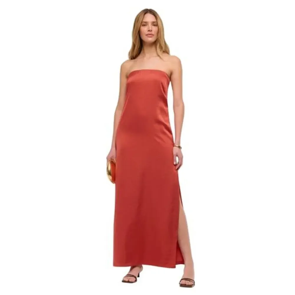 Abercrombie & Fitch Size Small Orange Satin Strapless Slip Maxi Dress Front Slit